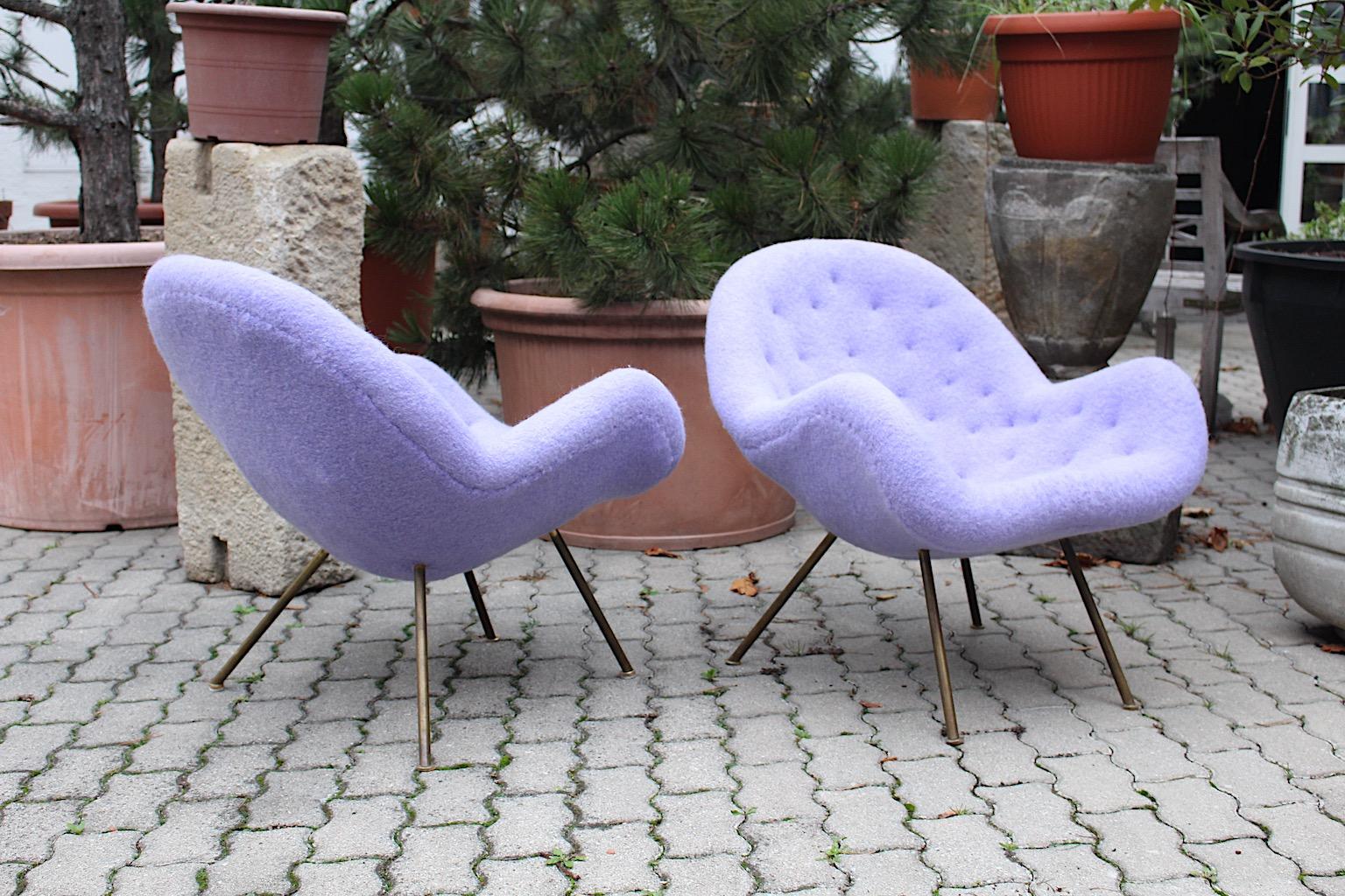 Mid Century Modern Vintage Soft Pastel Lilac Brass Lounge Chairs Pair Duo 1950s  For Sale 8