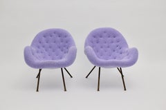 Mid Century Modern Vintage Soft Pastel Lilac Brass Lounge Chairs Pair Duo 1950s