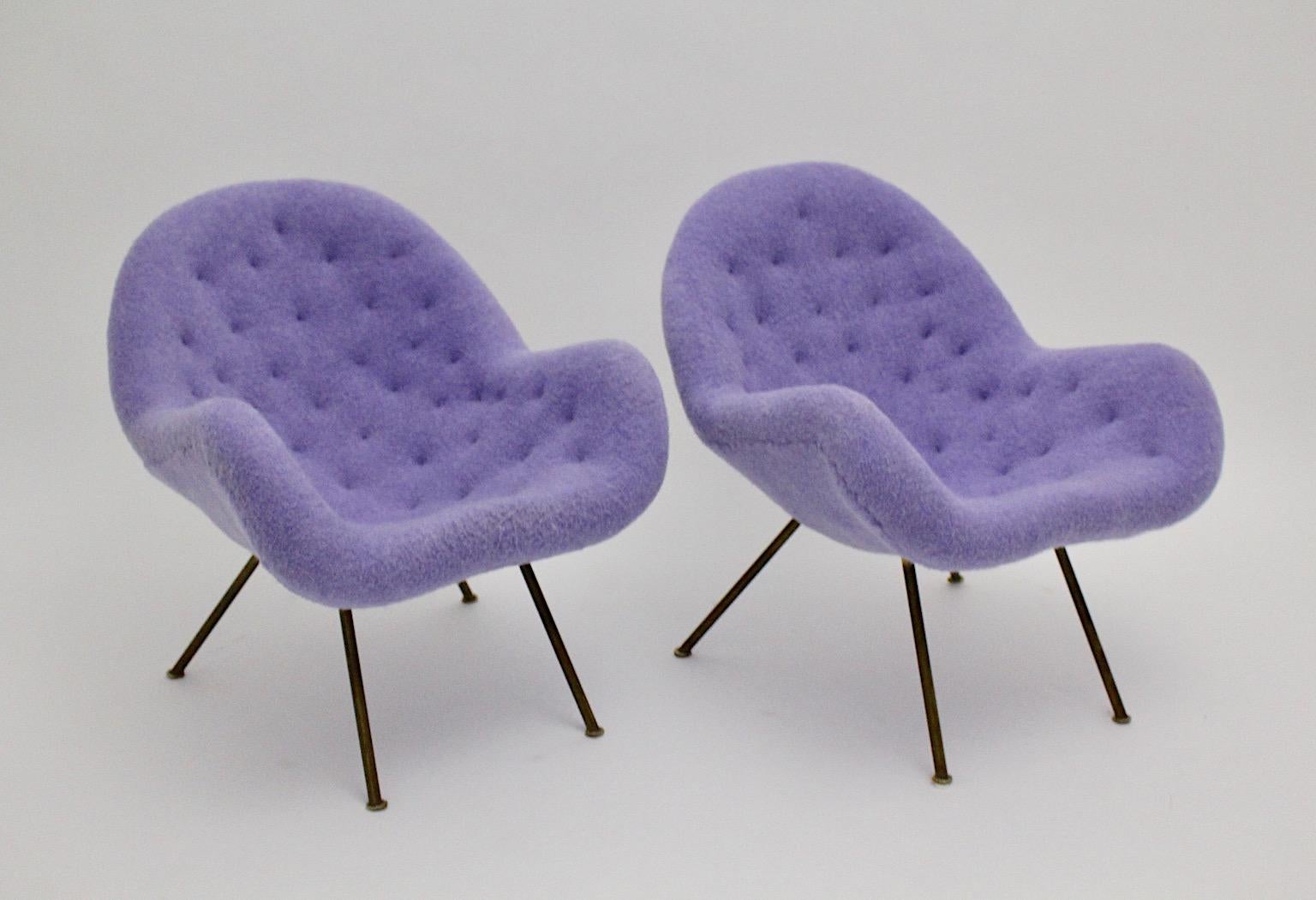Mid-Century Modern Mid Century Modern Vintage Soft Pastel Lilac Brass Lounge Chairs Pair Duo 1950s  For Sale