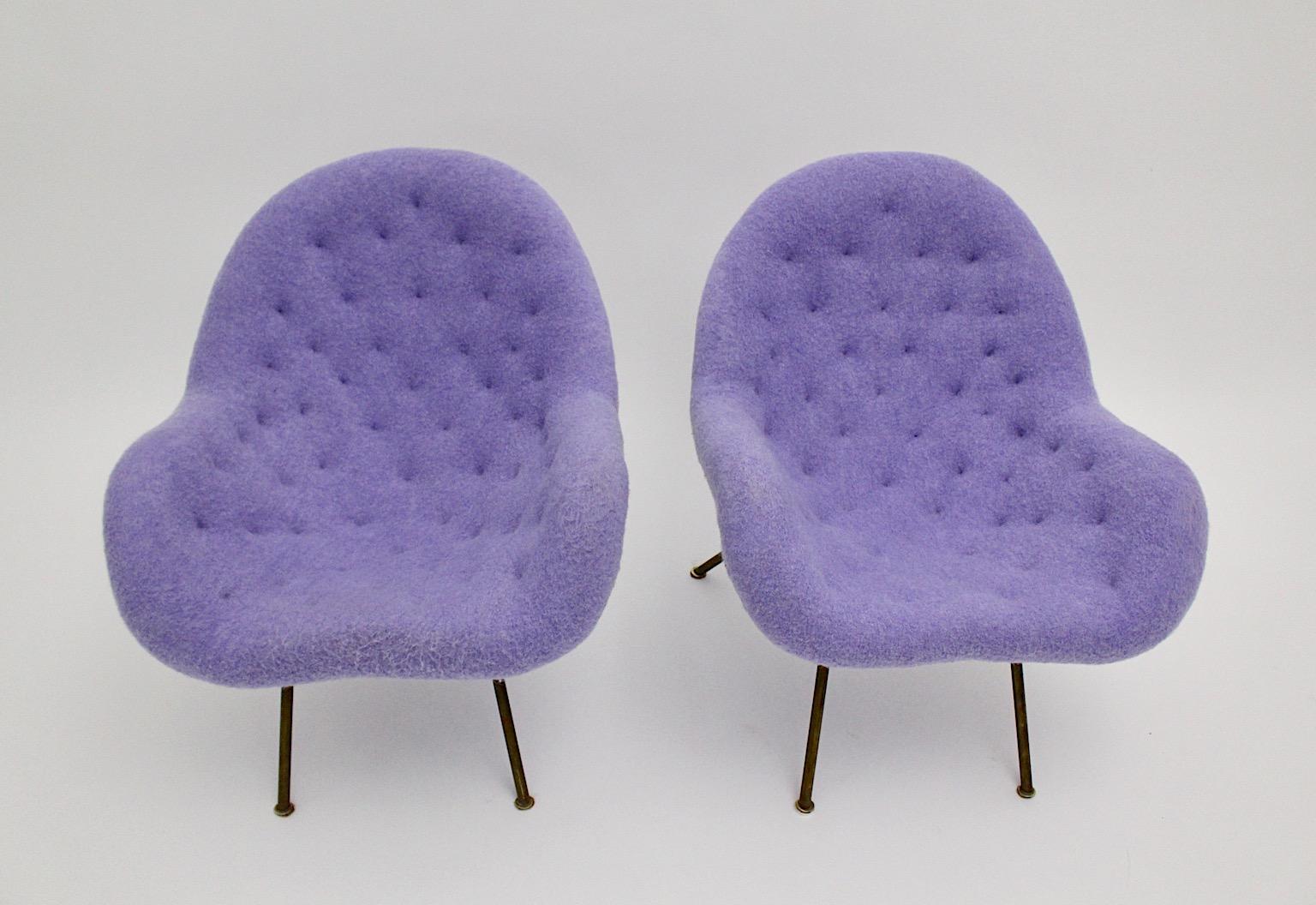 German Mid Century Modern Vintage Soft Pastel Lilac Brass Lounge Chairs Pair Duo 1950s  For Sale