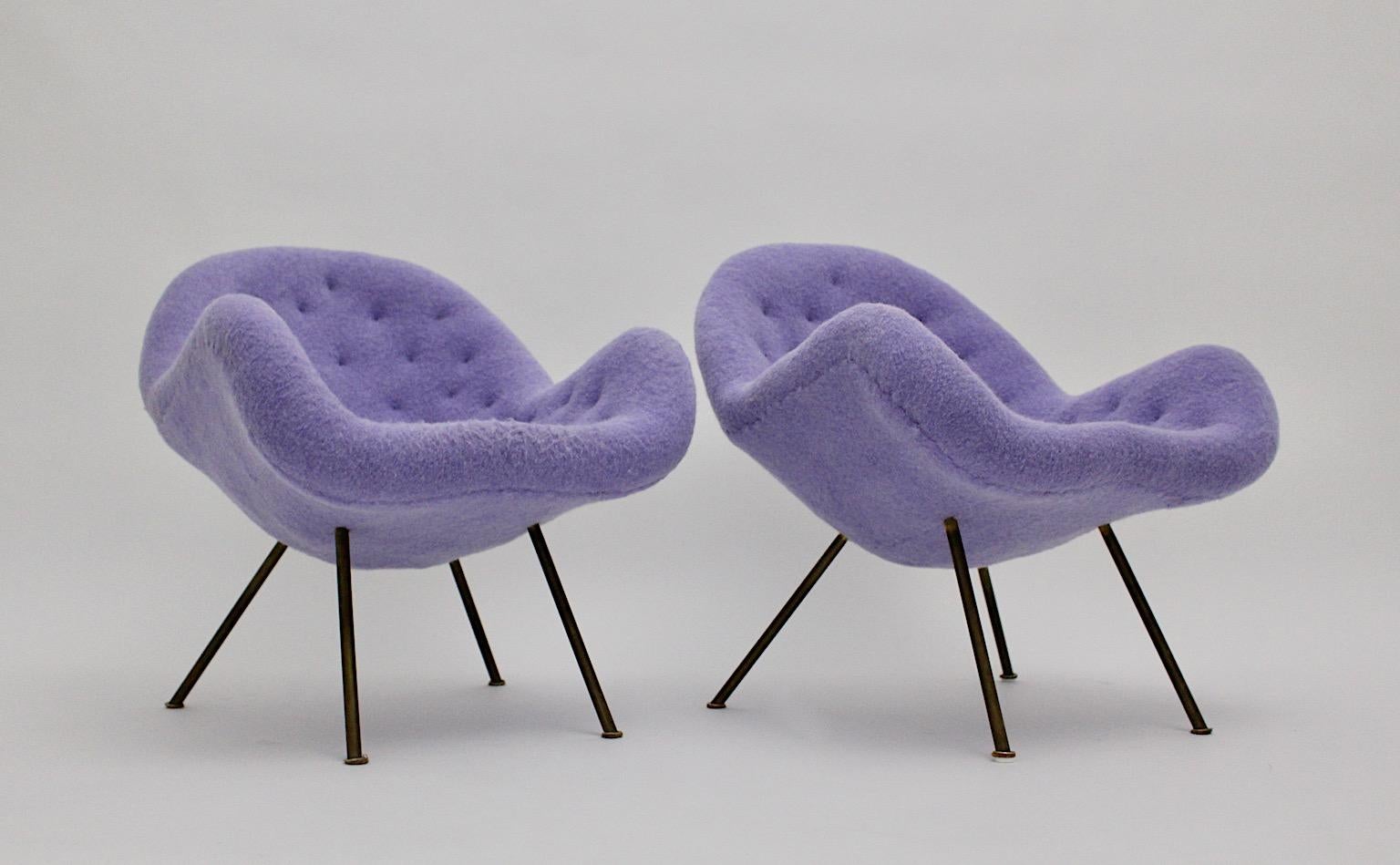 Mid Century Modern Vintage Soft Pastel Lilac Brass Lounge Chairs Pair Duo 1950s  In Good Condition For Sale In Vienna, AT