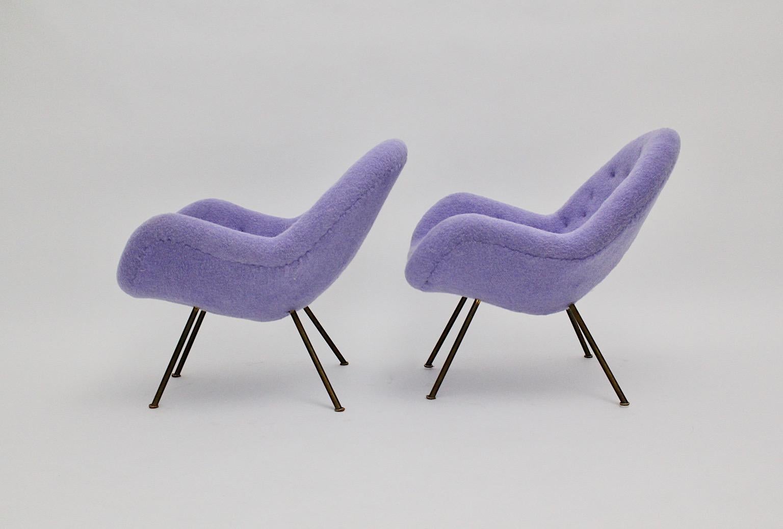 20th Century Mid Century Modern Vintage Soft Pastel Lilac Brass Lounge Chairs Pair Duo 1950s  For Sale