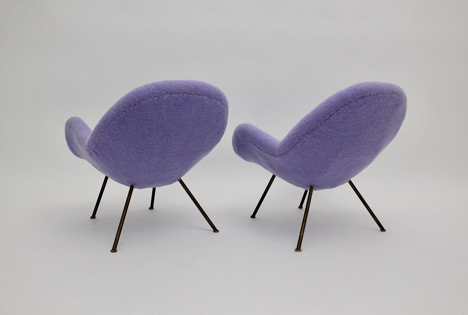 Mid Century Modern Vintage Soft Pastel Lilac Brass Lounge Chairs Pair Duo 1950s  For Sale 1