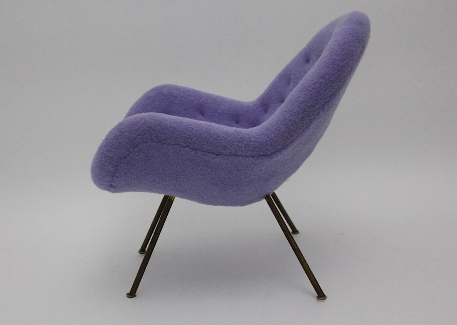 Mid Century Modern Vintage Soft Pastel Lilac Brass Lounge Chairs Pair Duo 1950s  For Sale 3