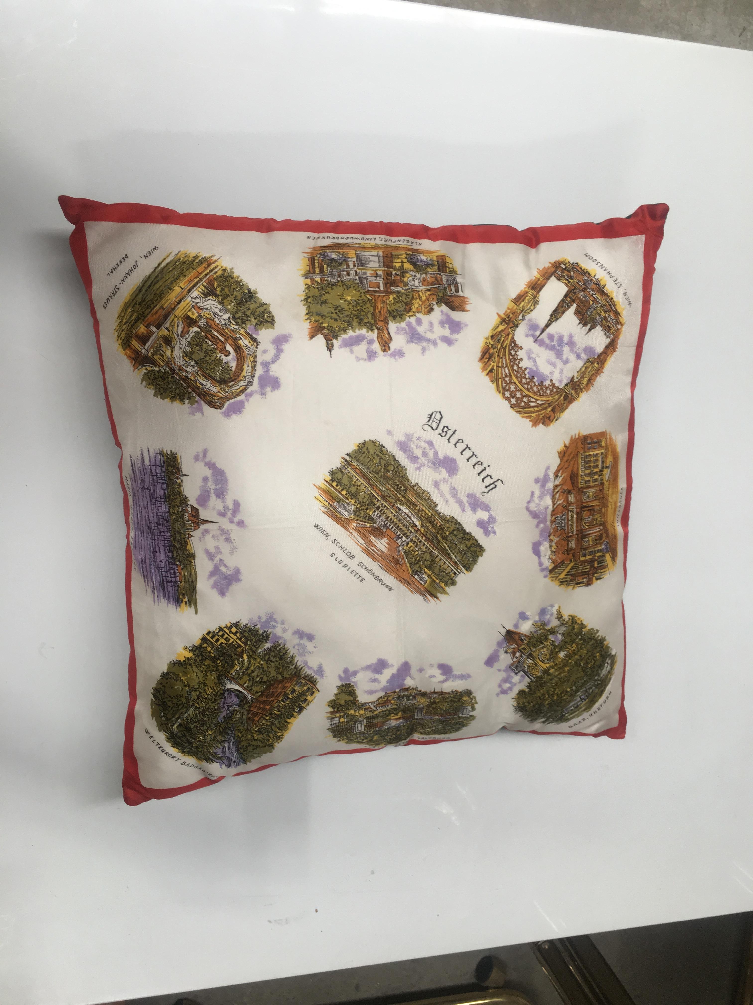 Mid-Century Modern vintage souvenir silk scarf throw pillow with cashmere wool back.