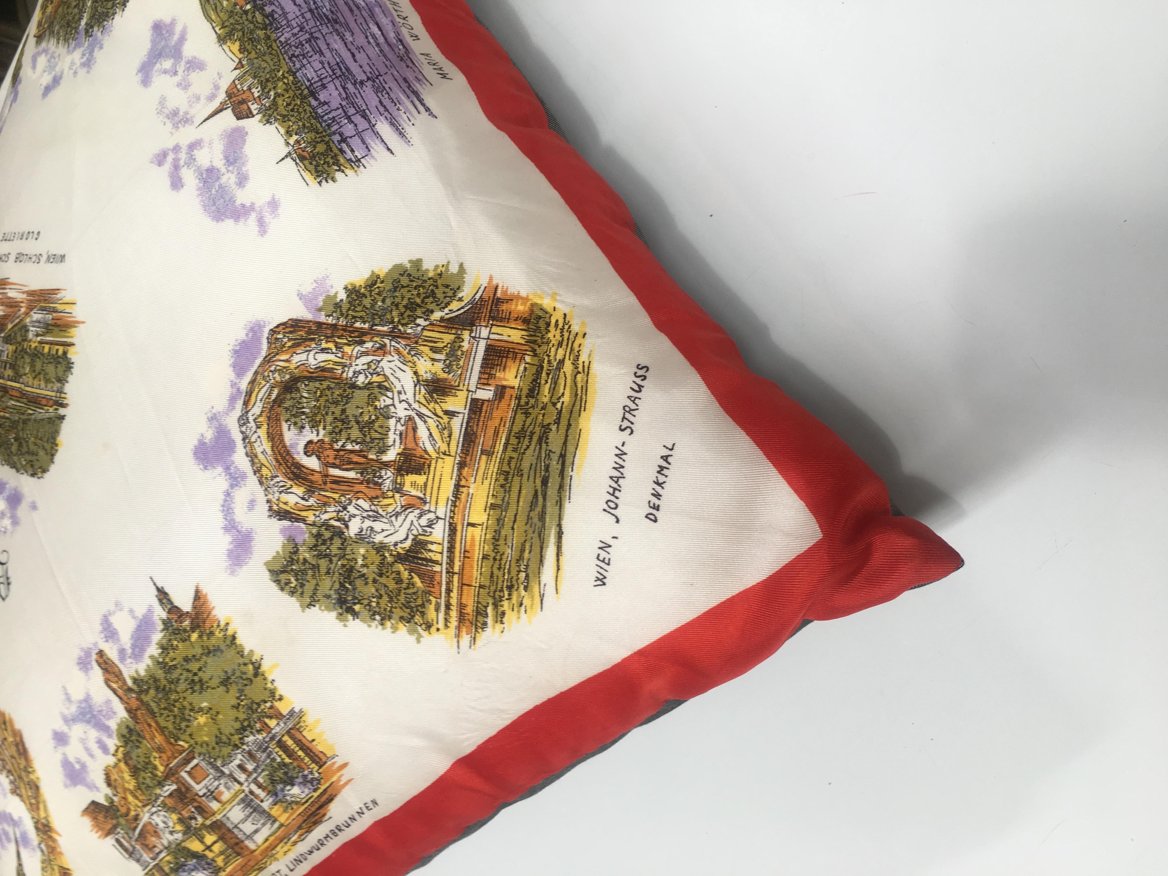 Italian Mid-Century Modern Vintage Souvenir Silk Scarf Throw Pillow from 1970s For Sale