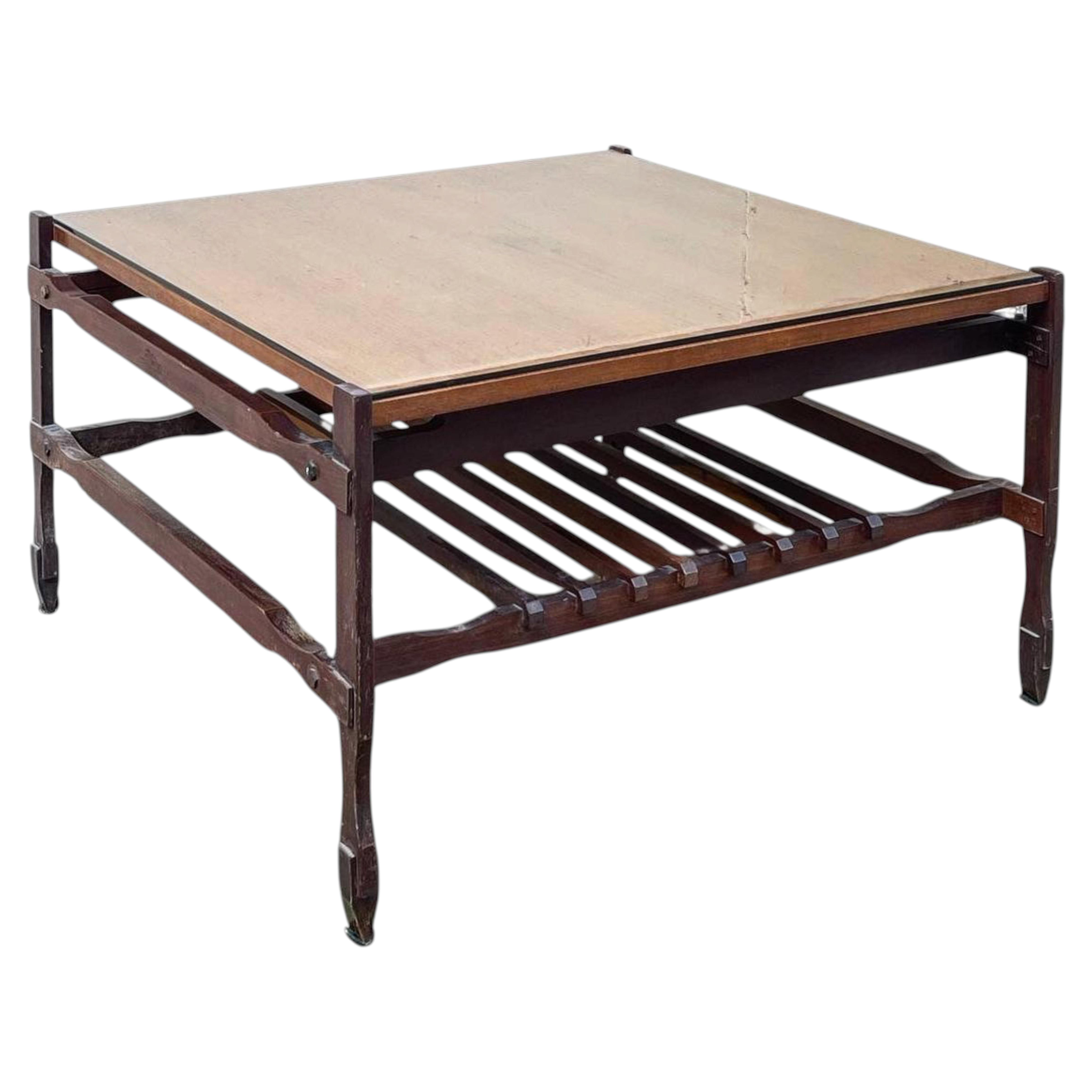Mid Century Modern Vintage Square Occasional Table in Wood with Glass Top For Sale