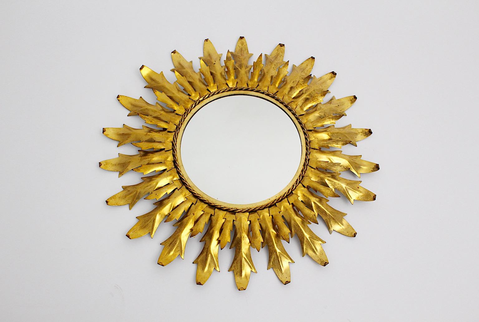 Mid-Century Modern Mid Century Modern Vintage Sunburst Golden Metal Wall Mirror 1960s Italy For Sale