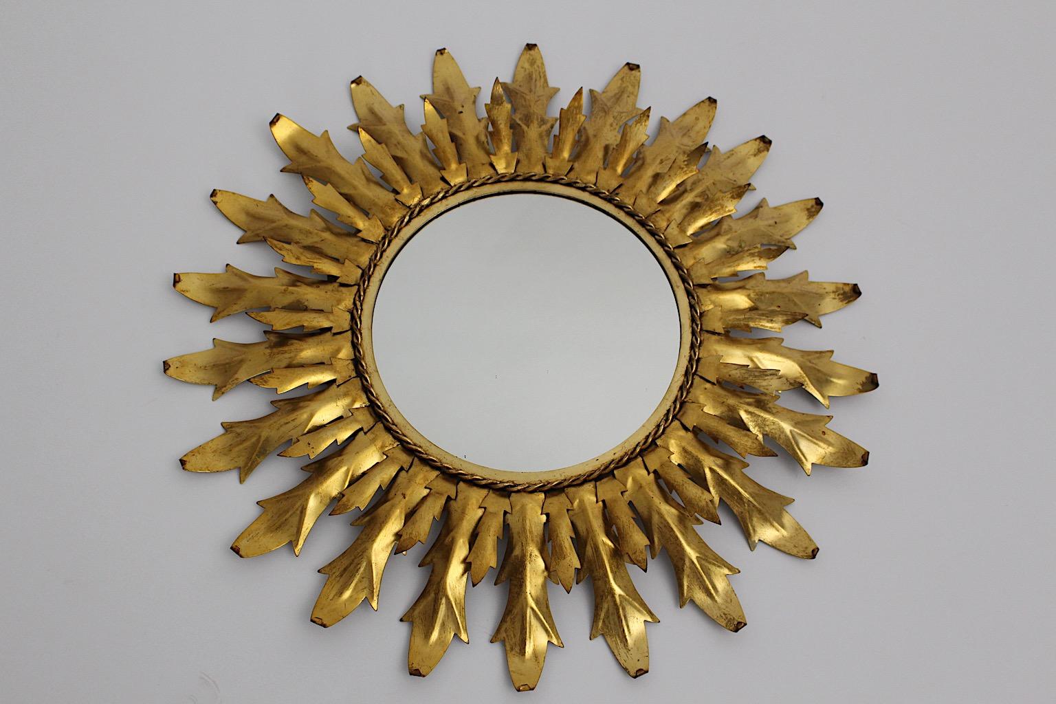 Italian Mid Century Modern Vintage Sunburst Golden Metal Wall Mirror 1960s Italy For Sale