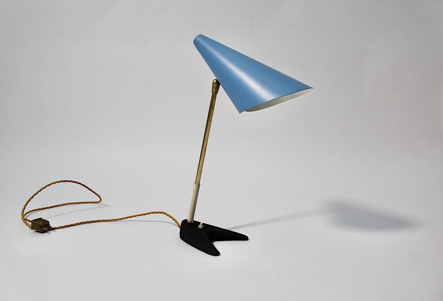 Mid-Century Modern Vintage Table Lamp  Brass Blue Black Metal Kalmar 1950 Vienna For Sale 7
