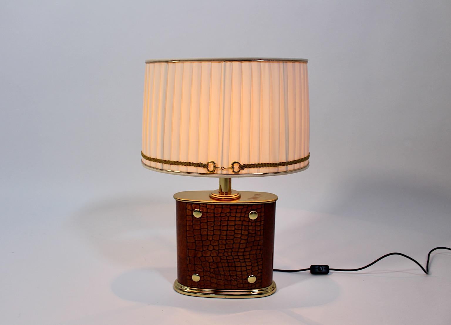 Italian Mid Century Modern Vintage Table Lamp Brass Brown Suede Paolo Gucci 1960s Italy For Sale