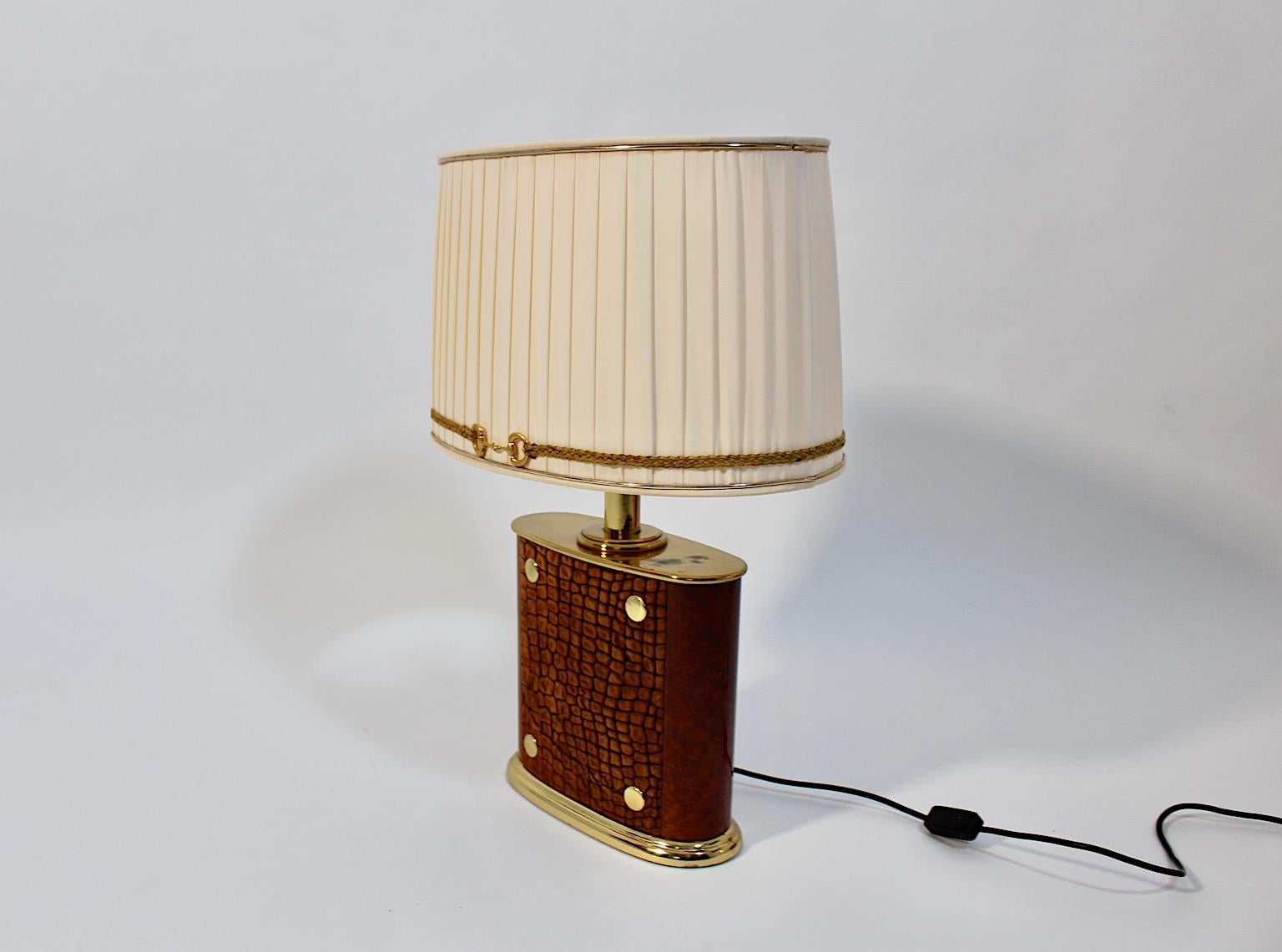 Mid Century Modern Vintage Table Lamp Brass Brown Suede Paolo Gucci 1960s Italy In Good Condition For Sale In Vienna, AT
