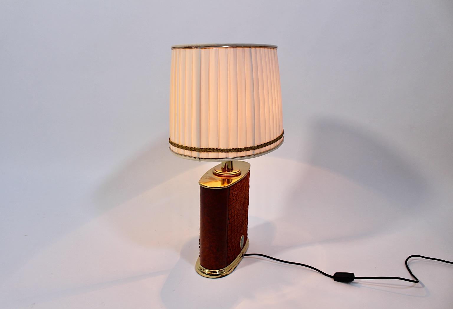 20th Century Mid Century Modern Vintage Table Lamp Brass Brown Suede Paolo Gucci 1960s Italy For Sale