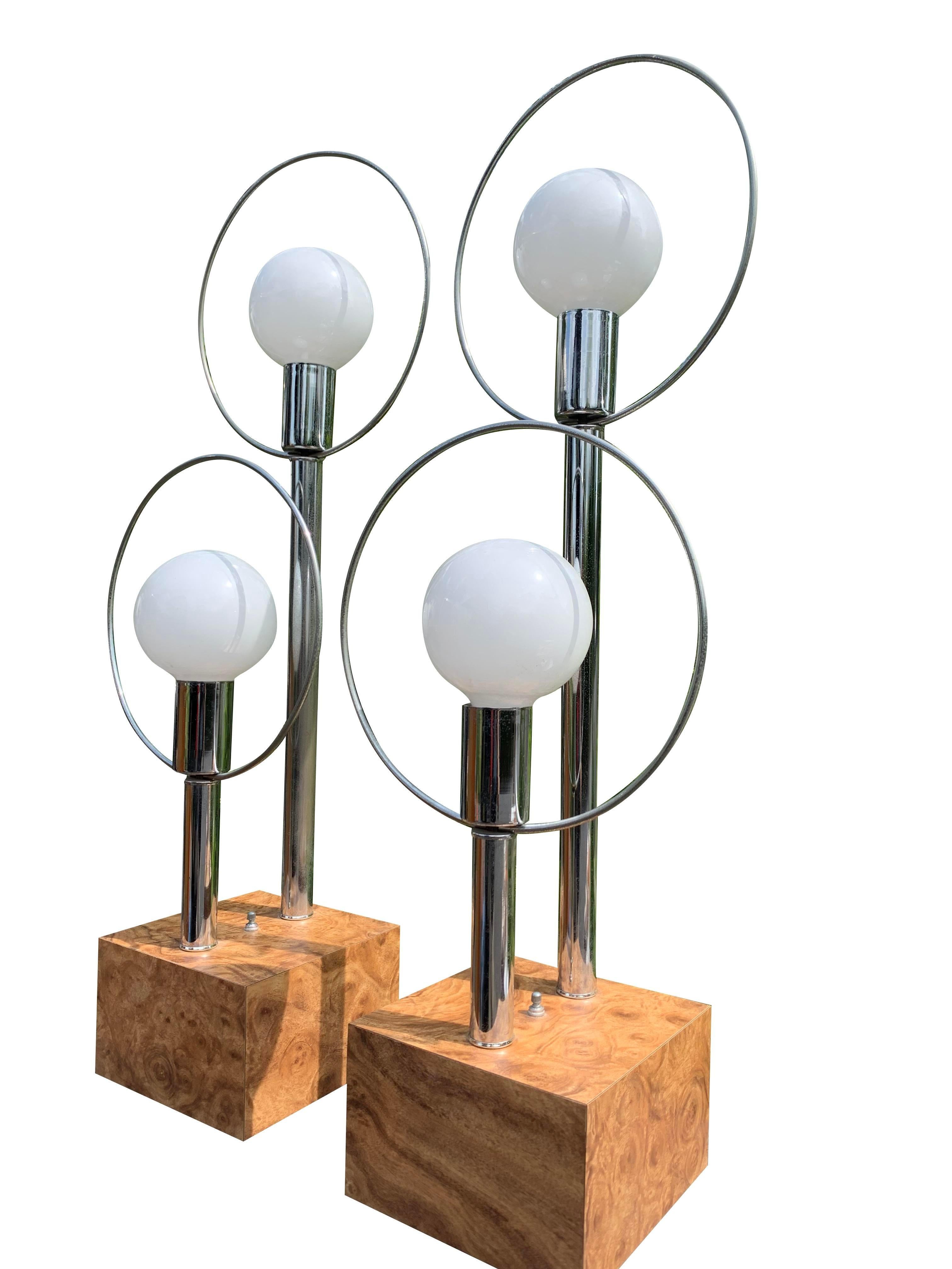 Mid Century Modern Vintage Table Lamps in Chrome and BurlWood Bases a Pair For Sale 5