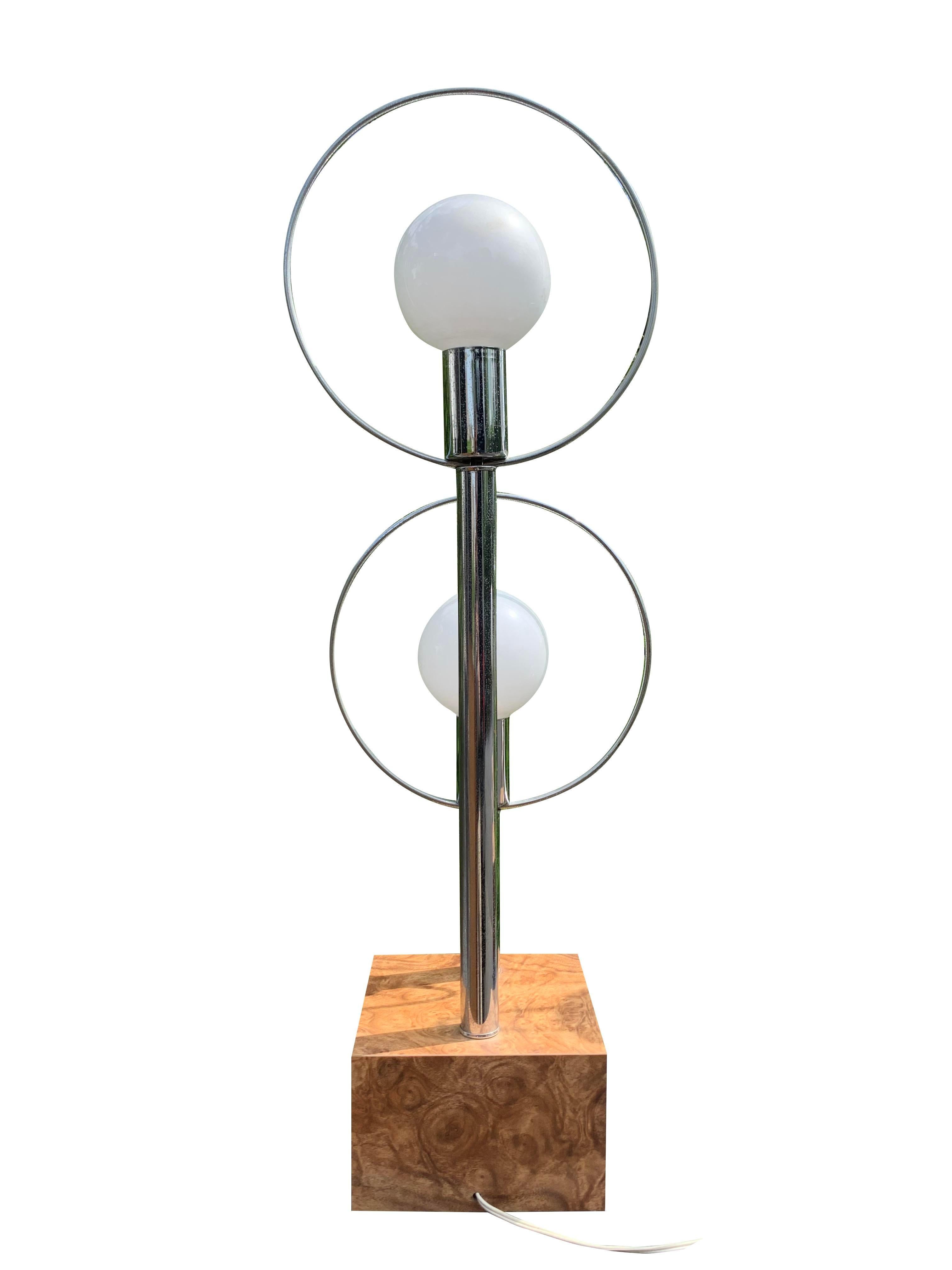 American Mid Century Modern Vintage Table Lamps in Chrome and BurlWood Bases a Pair For Sale