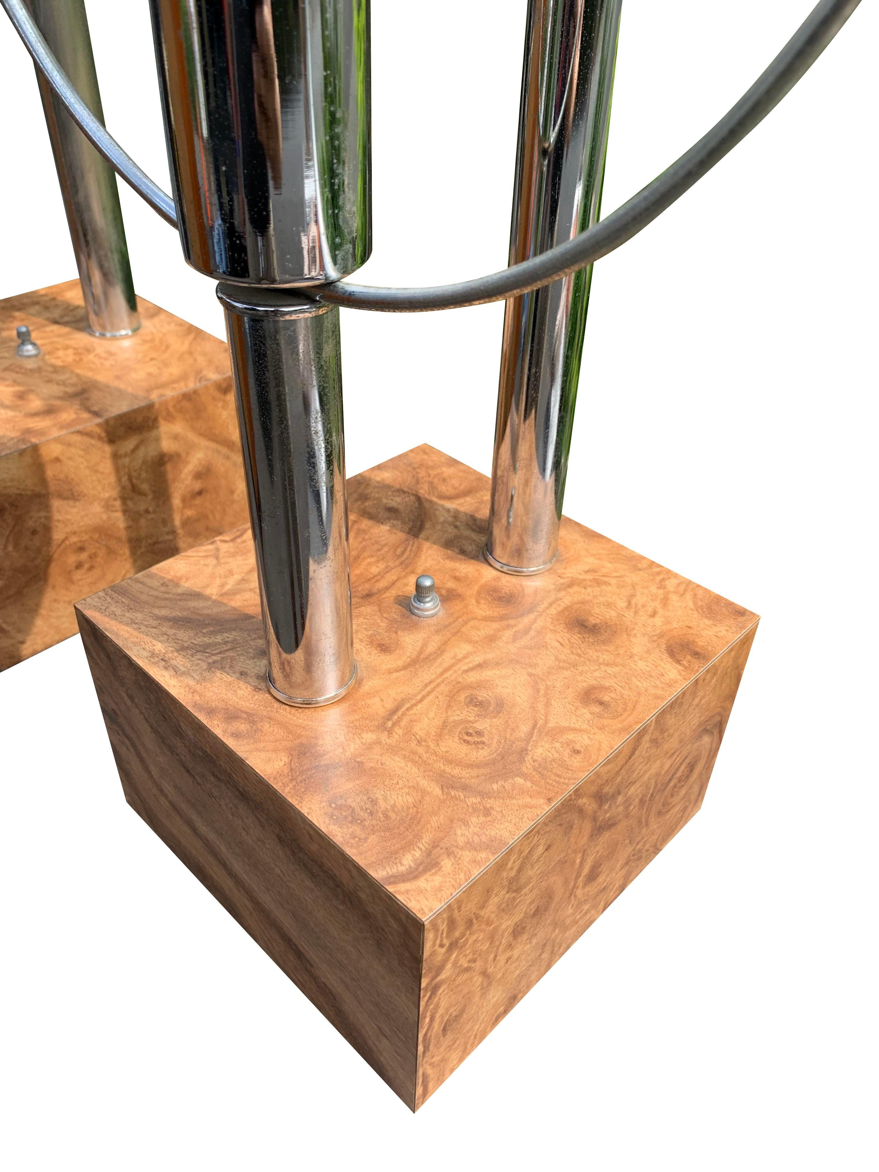 Mid Century Modern Vintage Table Lamps in Chrome and BurlWood Bases a Pair For Sale 1