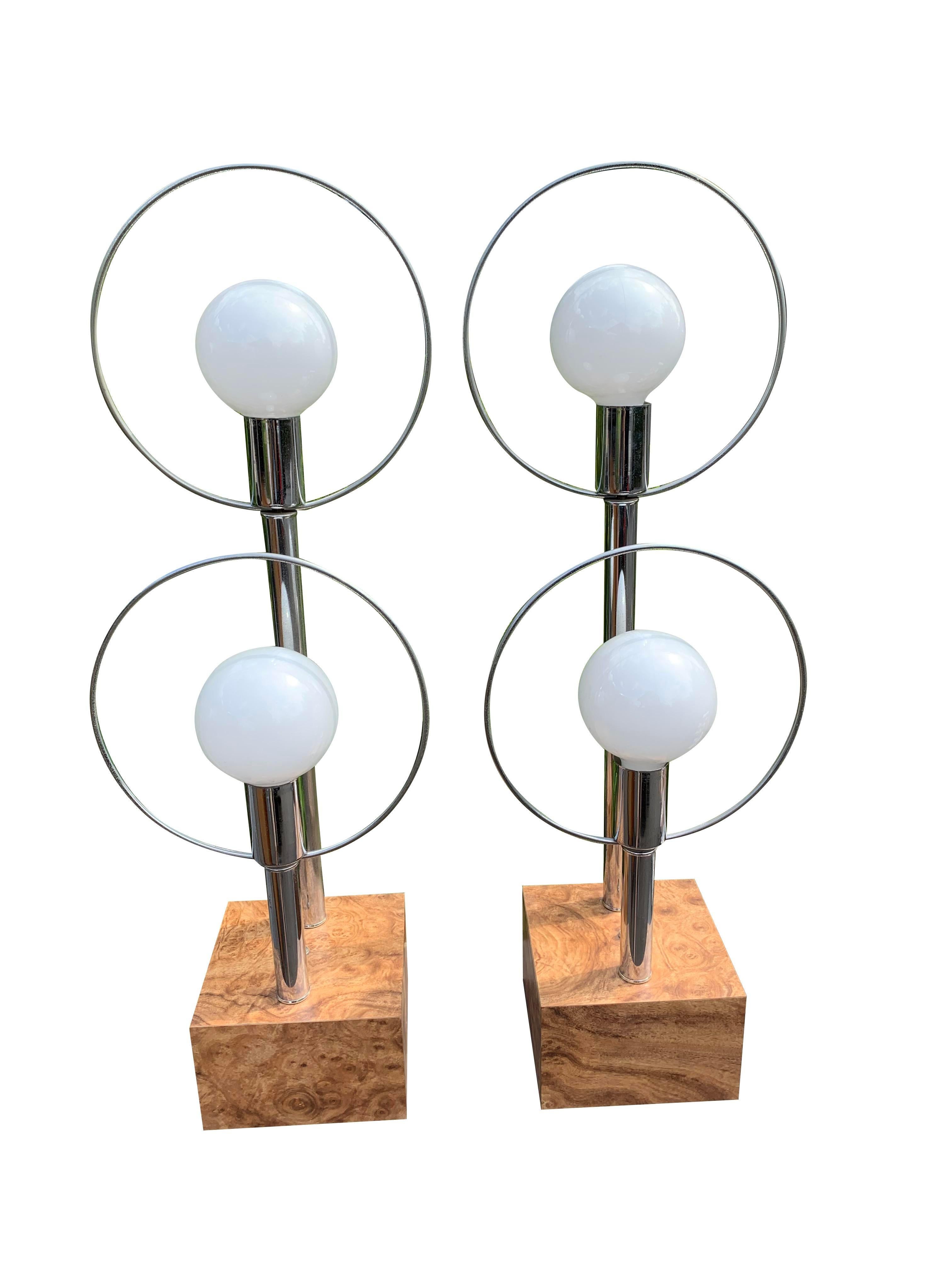 Mid Century Modern Vintage Table Lamps in Chrome and BurlWood Bases a Pair For Sale 2