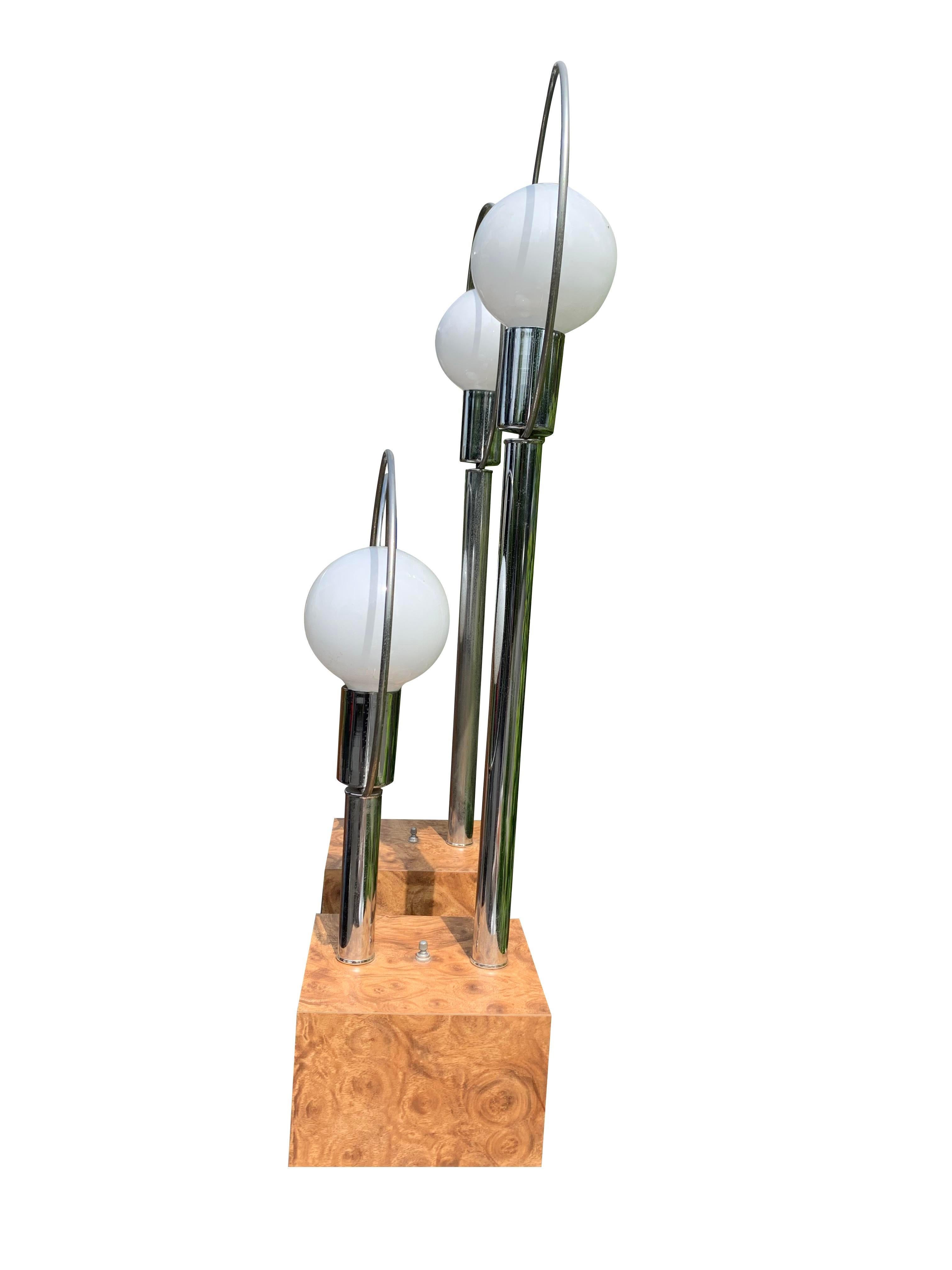 Mid Century Modern Vintage Table Lamps in Chrome and BurlWood Bases a Pair For Sale 3