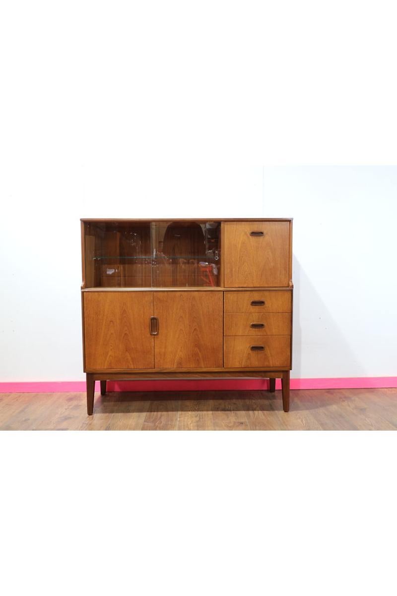 British Mid Century Modern Vintage Tall Buffet Teak Credenza Sideboard Danish Style