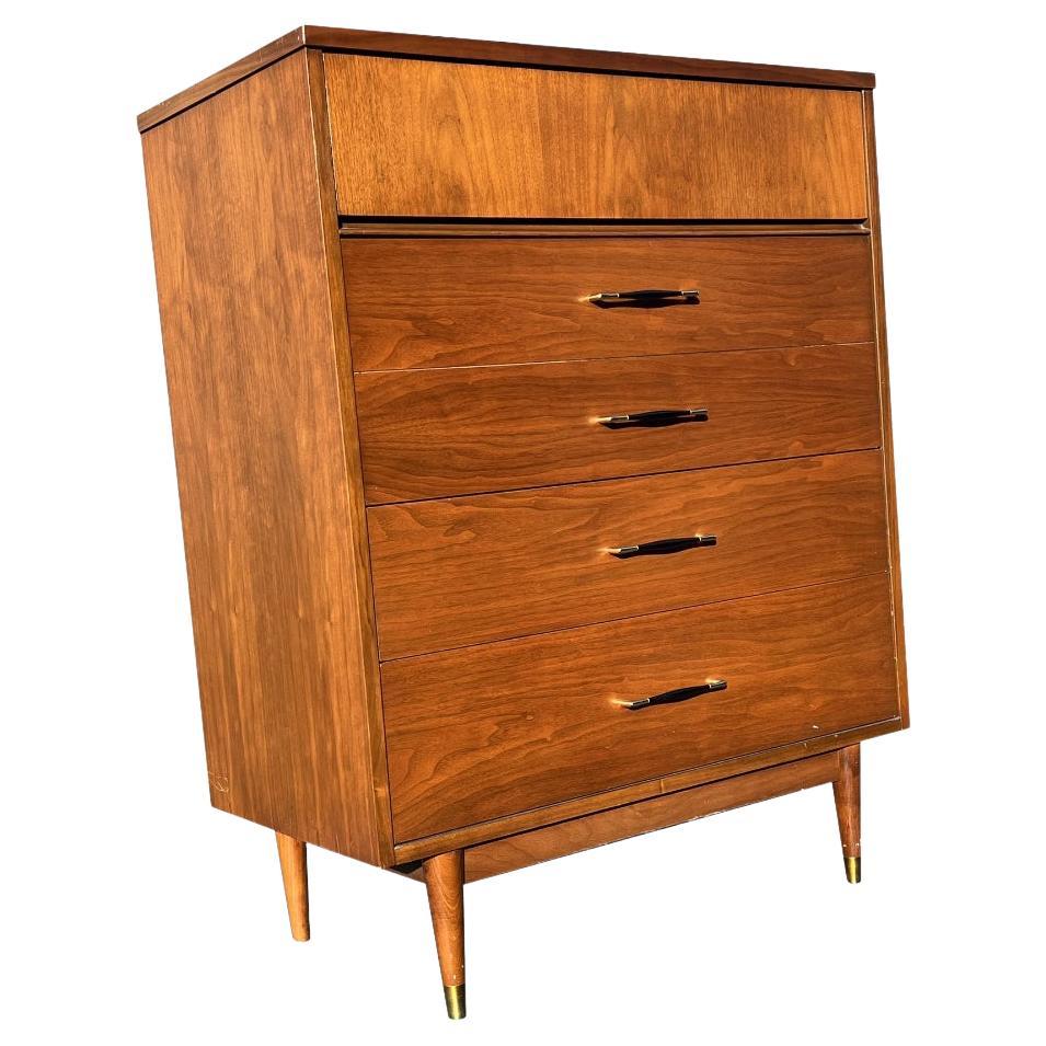 Mid Century Modern Vintage Tall Highboy Dresser With Brass Hardware