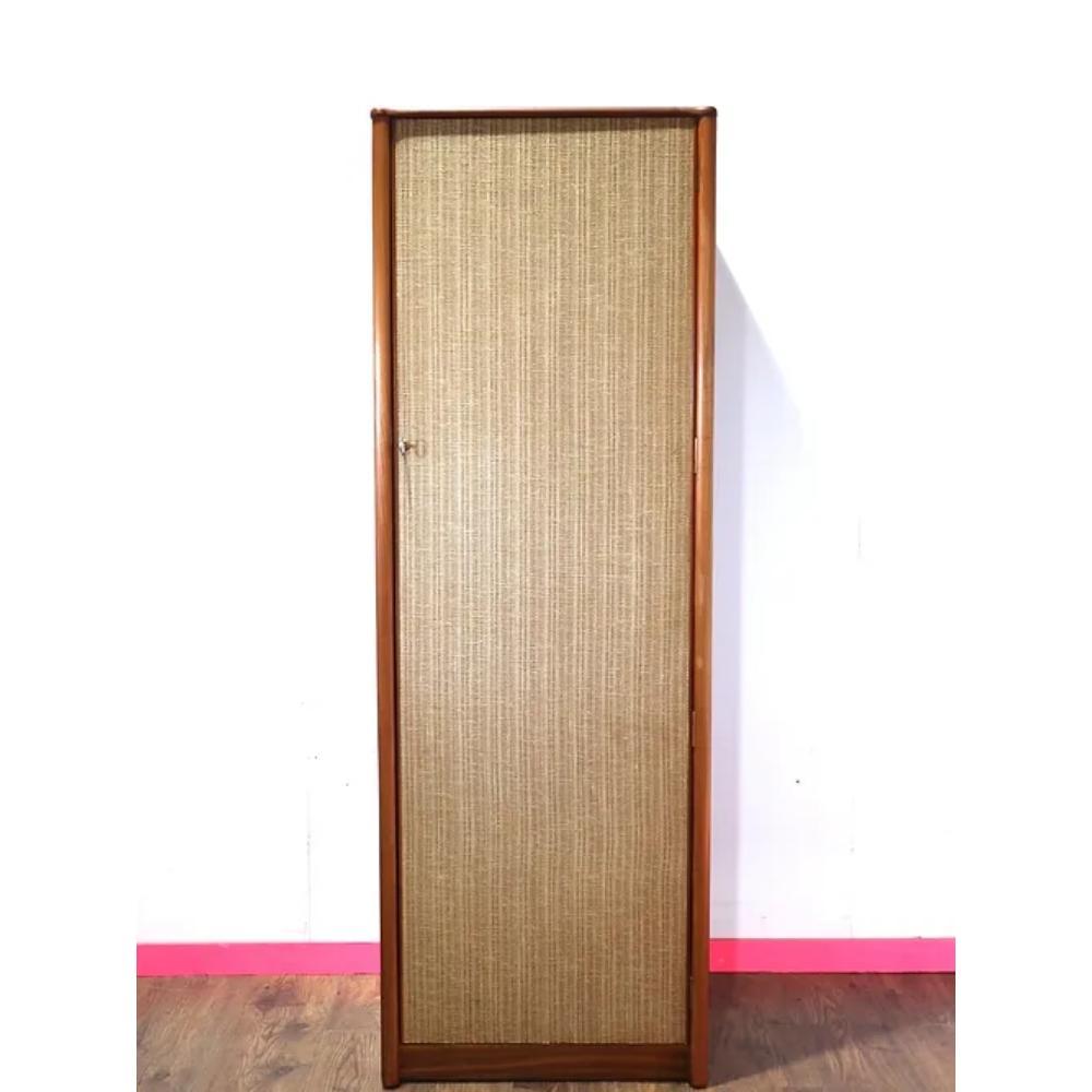 Mid Century Modern Vintage Teak and Ratan Armoire Wardrobe In Good Condition For Sale In Los Angeles, CA