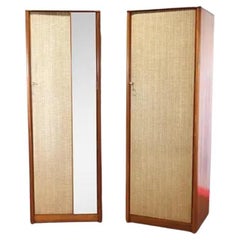 Mid Century Modern Used Teak and Rattan Pair of Armoires Wardrobes