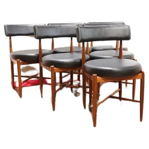 A stunning set of 6 dining chairs by G Plan as part of the fresco range, available at Mid Century Traders. These striking chairs with sculpted backrests and circular seat pads would look amazing in any home. Recently upholstered, they exude timeless