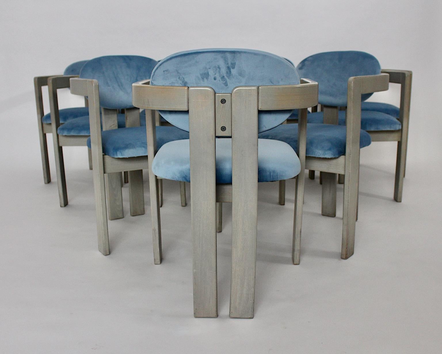 Mid-Century Modern Vintage Ten Beech Velvet Grey Blue Dining Chairs, 1970s Italy For Sale 6