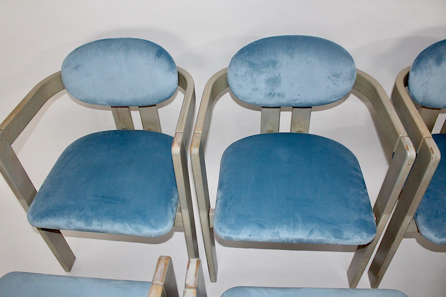Mid-Century Modern Vintage Ten Beech Velvet Grey Blue Dining Chairs, 1970s Italy For Sale 7