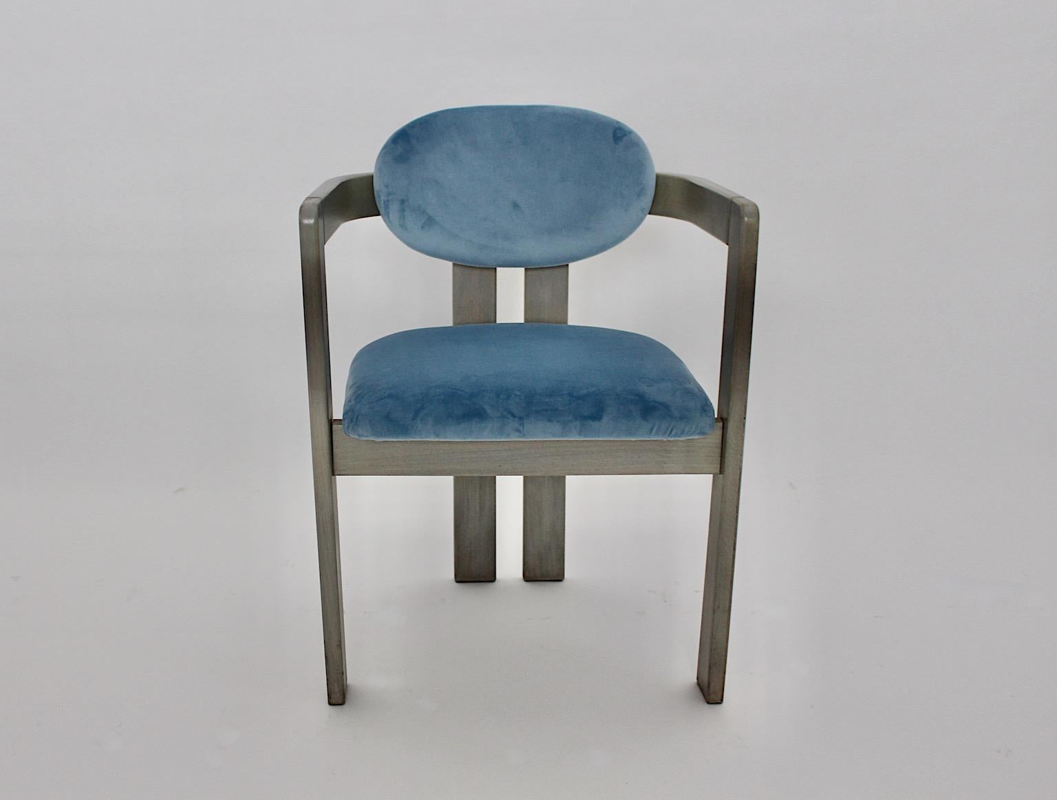 Mid-Century Modern Vintage Ten Beech Velvet Grey Blue Dining Chairs, 1970s Italy For Sale 9