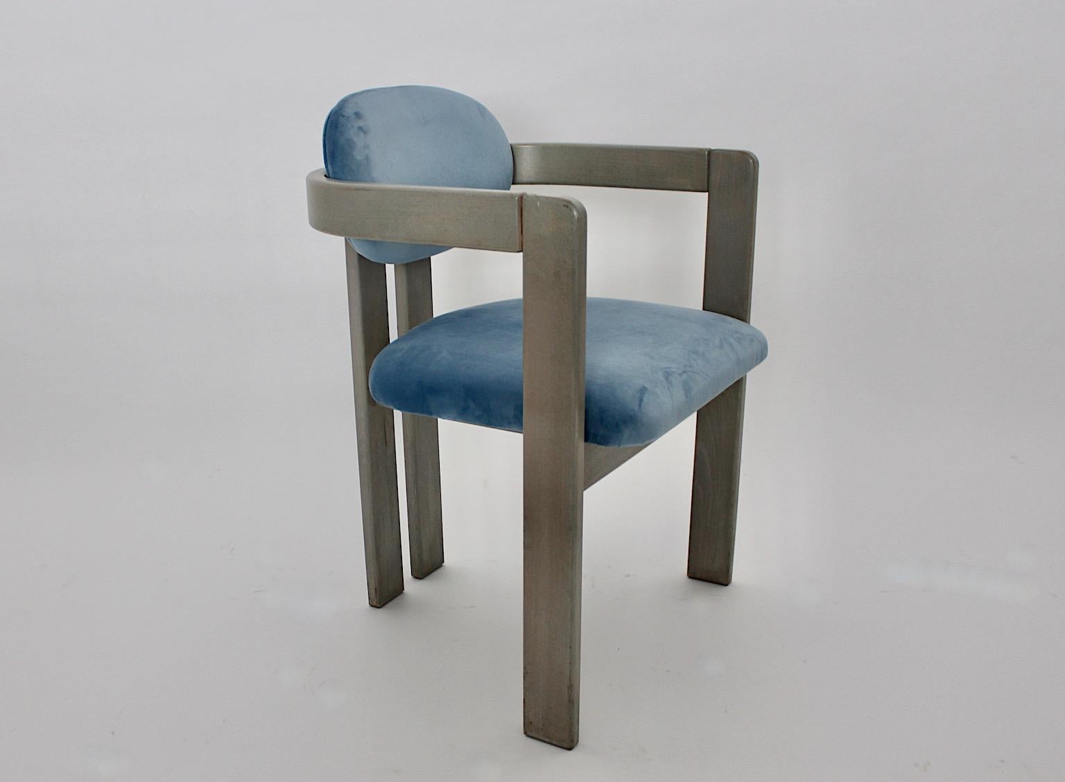 Mid-Century Modern Vintage Ten Beech Velvet Grey Blue Dining Chairs, 1970s Italy For Sale 10