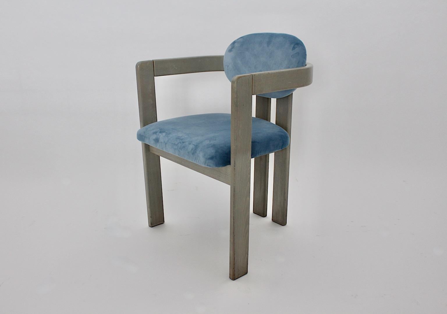 Mid-Century Modern Vintage Ten Beech Velvet Grey Blue Dining Chairs, 1970s Italy For Sale 11
