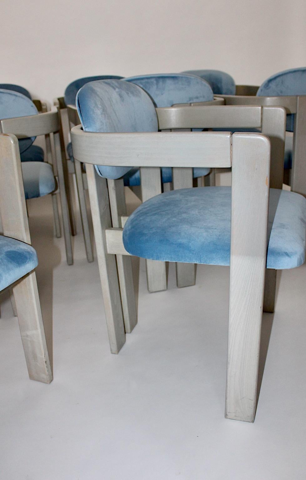 Mid-Century Modern Vintage Ten Beech Velvet Grey Blue Dining Chairs, 1970s Italy For Sale 12