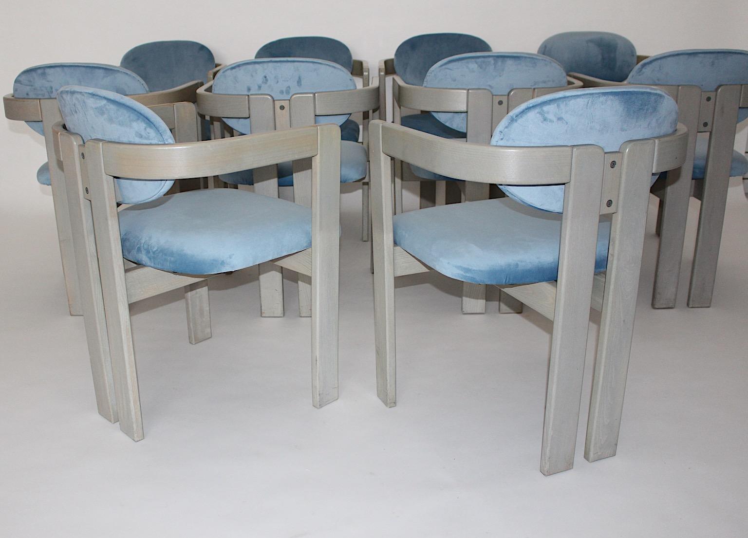 Mid-Century Modern Vintage Ten Beech Velvet Grey Blue Dining Chairs, 1970s Italy For Sale 13