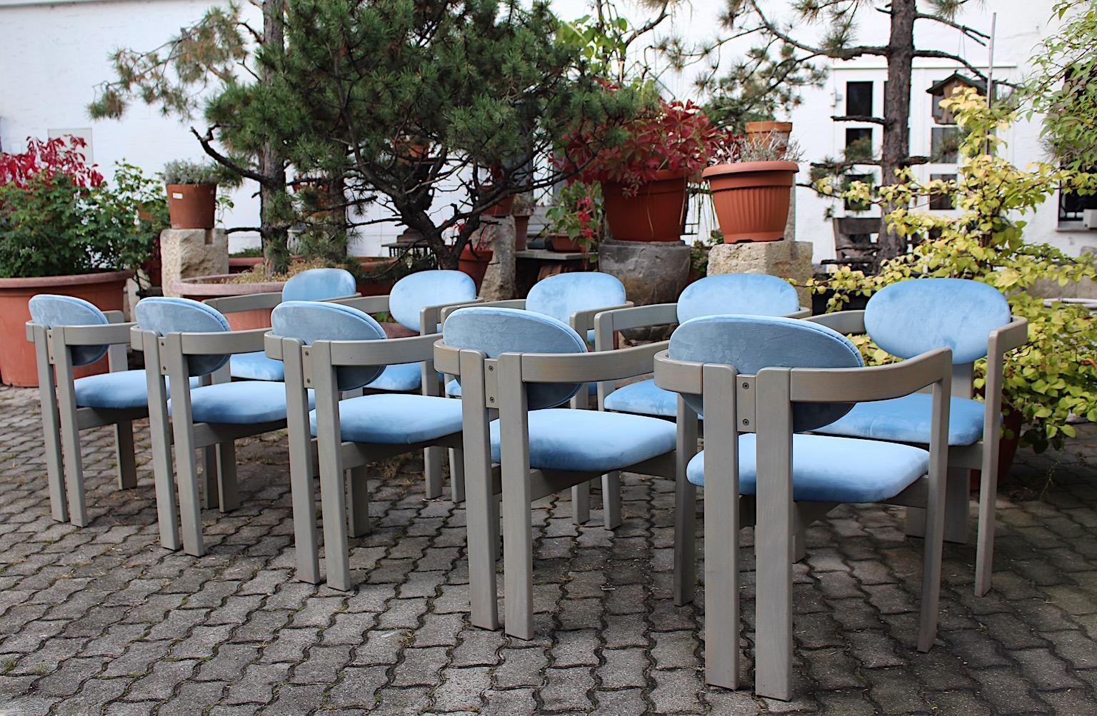 Italian Mid-Century Modern Vintage Ten Beech Velvet Grey Blue Dining Chairs, 1970s Italy For Sale