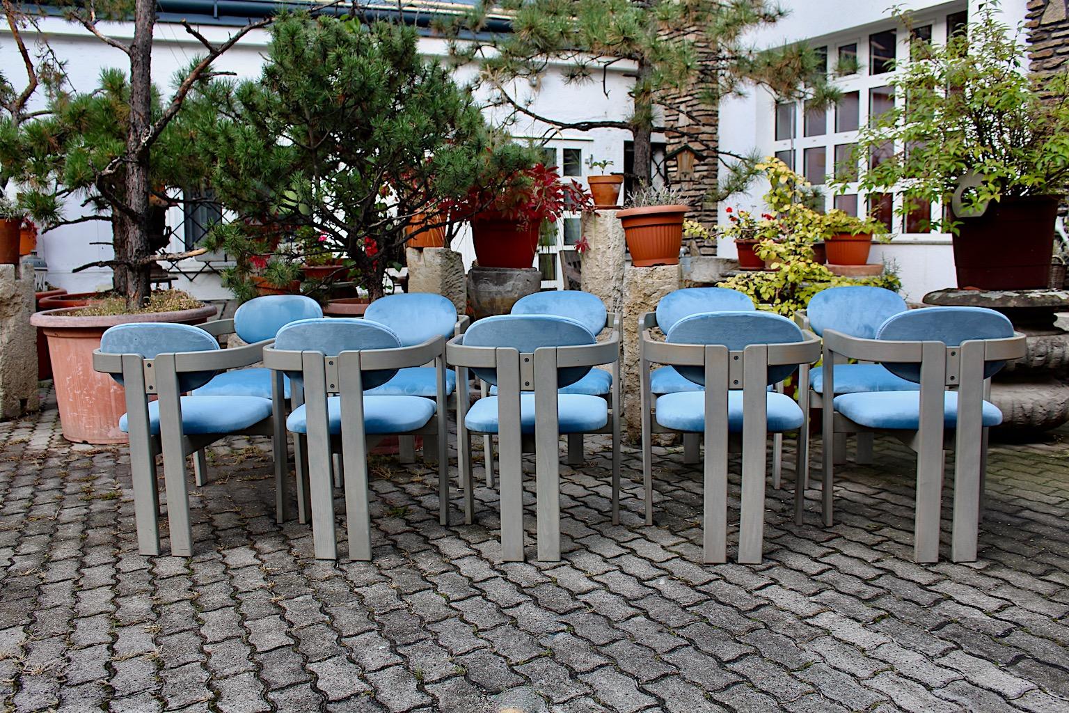Mid-Century Modern Vintage Ten Beech Velvet Grey Blue Dining Chairs, 1970s Italy In Good Condition For Sale In Vienna, AT