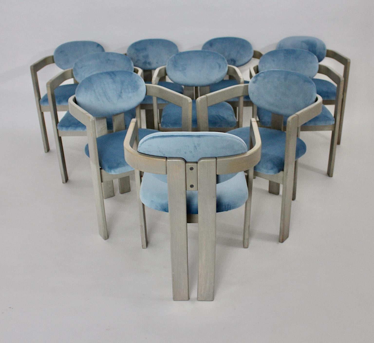 20th Century Mid-Century Modern Vintage Ten Beech Velvet Grey Blue Dining Chairs, 1970s Italy For Sale