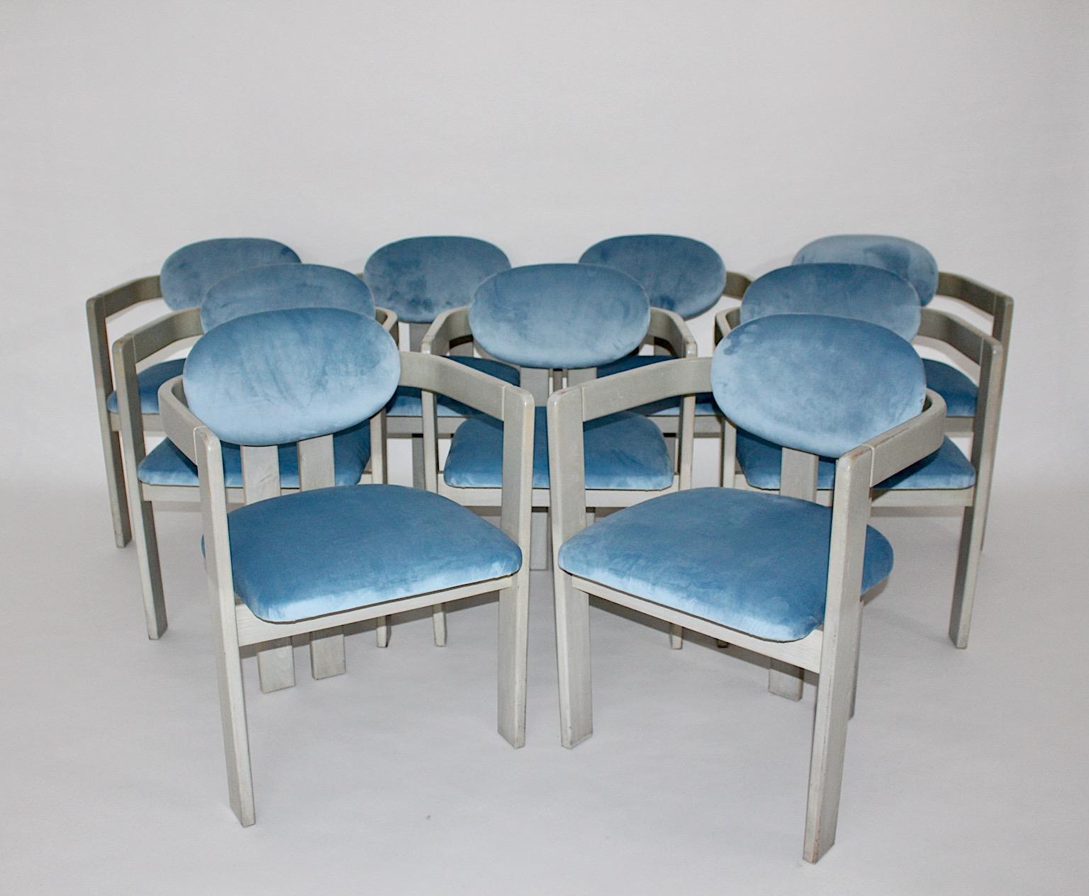 Mid-Century Modern Vintage Ten Beech Velvet Grey Blue Dining Chairs, 1970s Italy For Sale 1