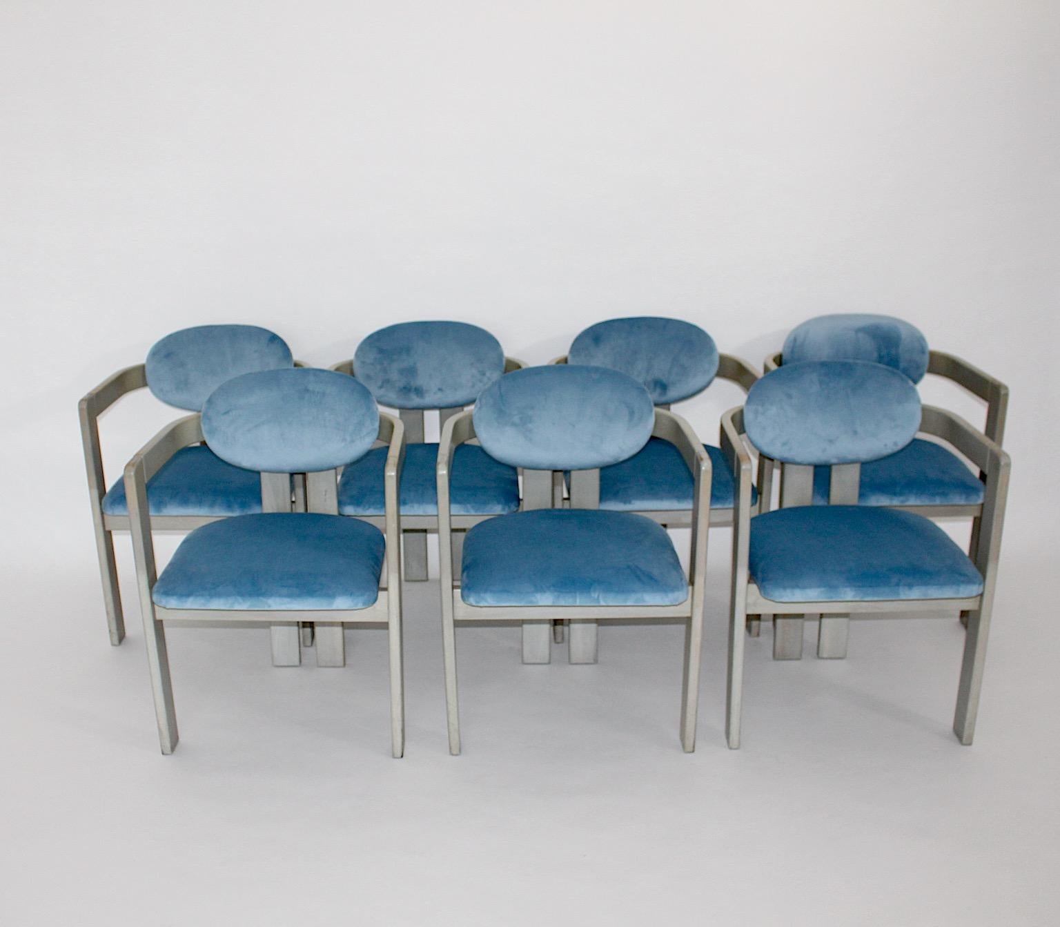 Mid-Century Modern Vintage Ten Beech Velvet Grey Blue Dining Chairs, 1970s Italy For Sale 2