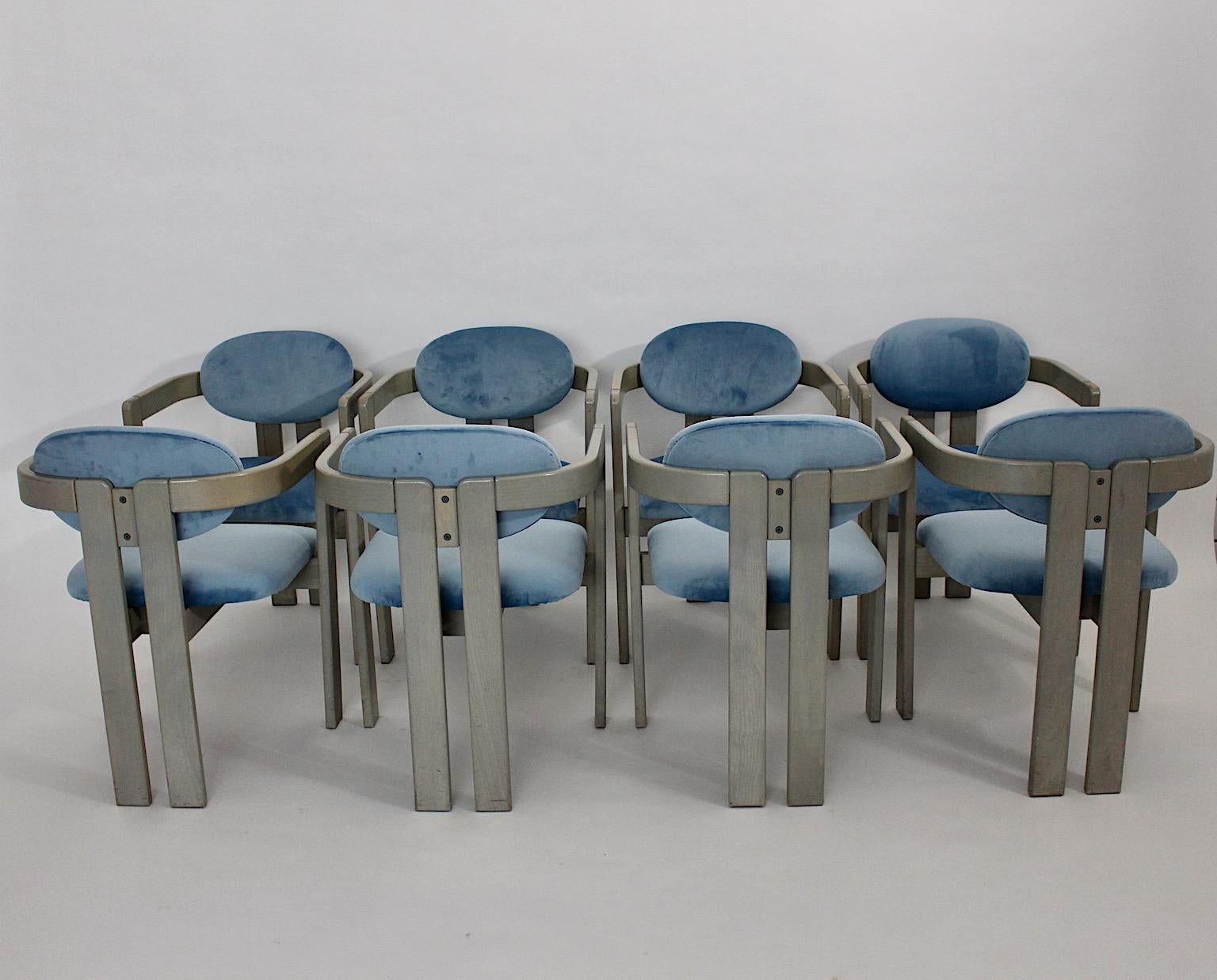 Mid-Century Modern Vintage Ten Beech Velvet Grey Blue Dining Chairs, 1970s Italy For Sale 3