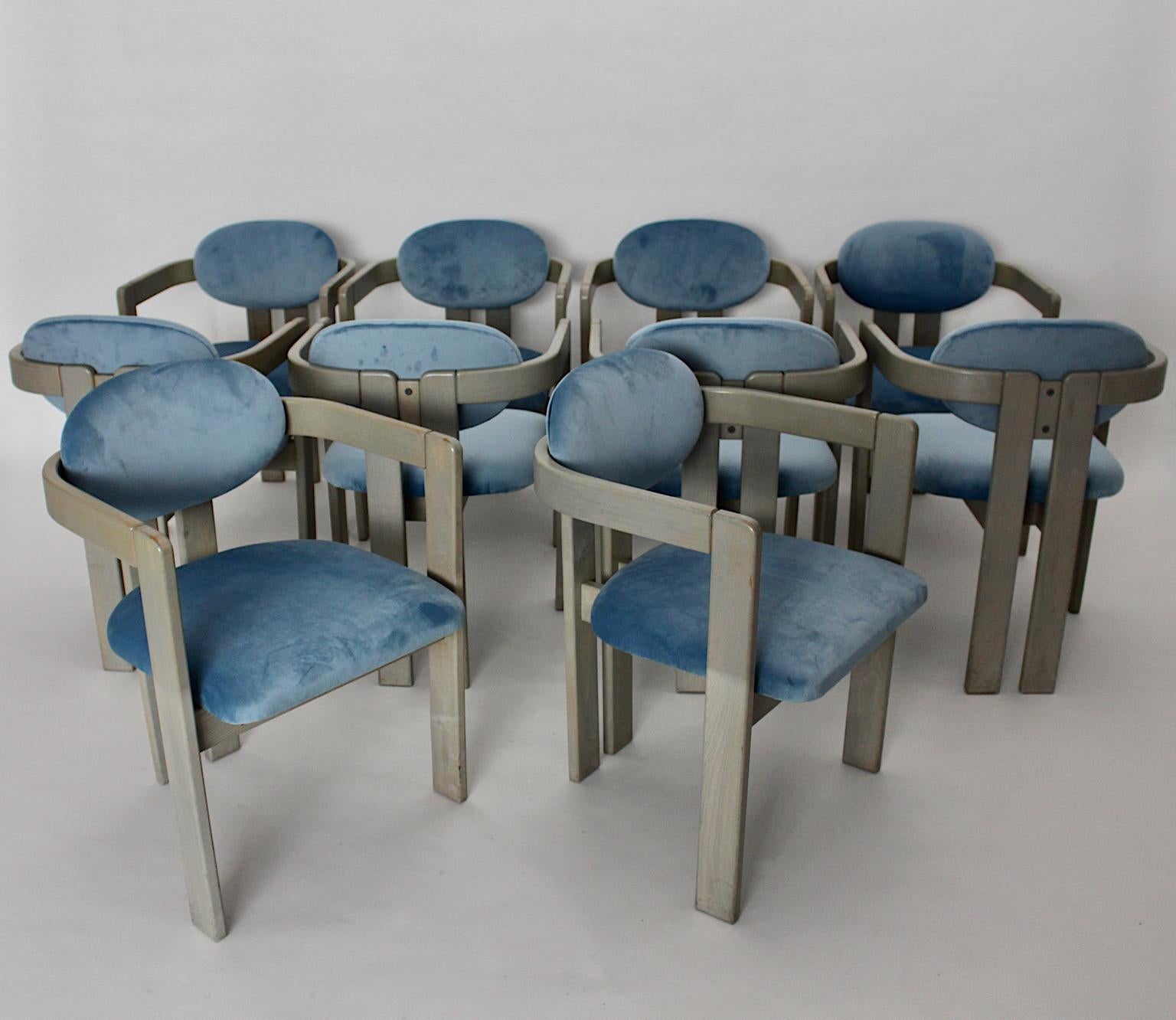 Mid-Century Modern Vintage Ten Beech Velvet Grey Blue Dining Chairs, 1970s Italy For Sale 4