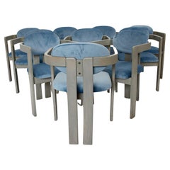 Mid-Century Modern Vintage Ten Beech Velvet Grey Blue Dining Chairs, 1970s Italy