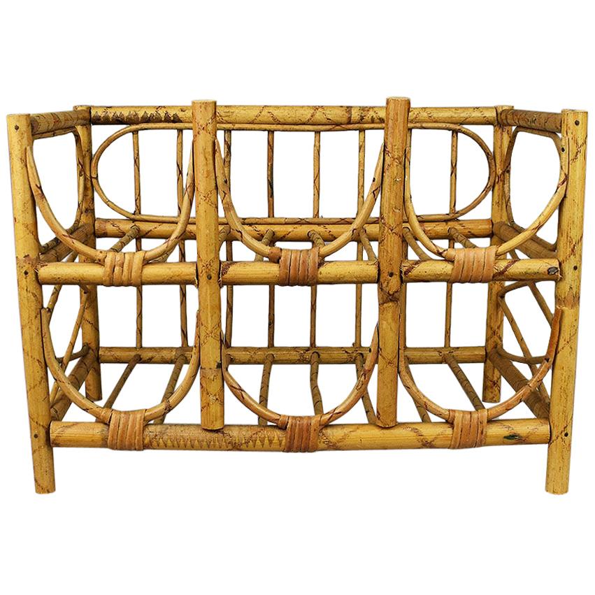 Mid-Century Modern Vintage Tortoise Bamboo and Wicker 6 Bottle Wine Rack For Sale