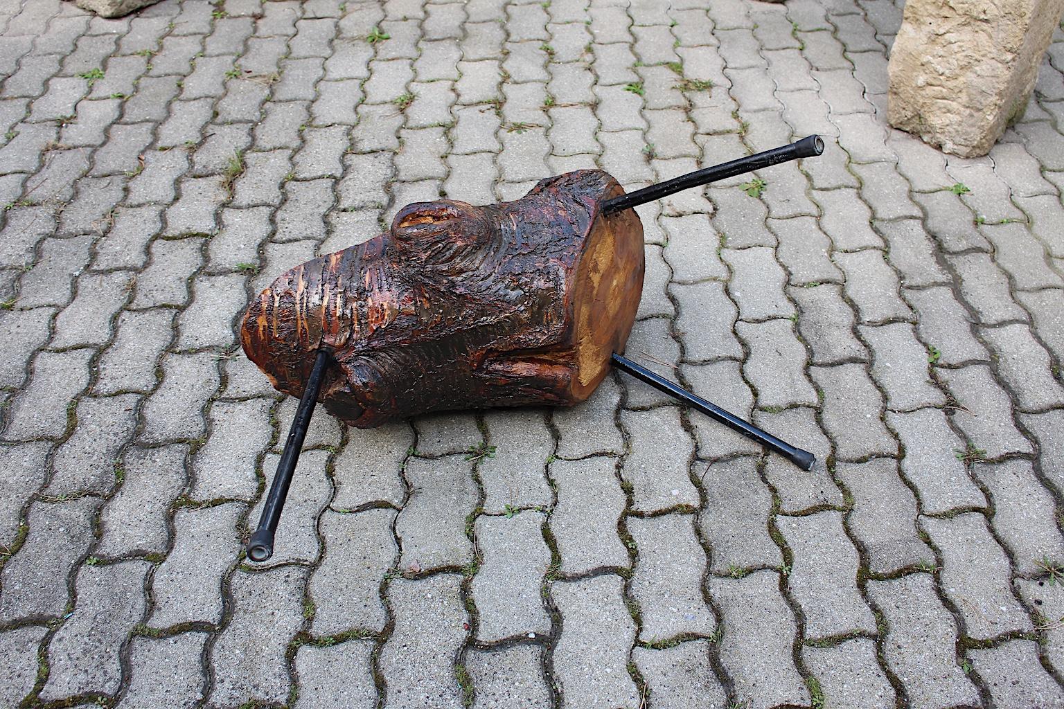 Mid Century Modern Vintage Tree Trunk Coffee Table with Metal Feet Austria 1950s For Sale 8