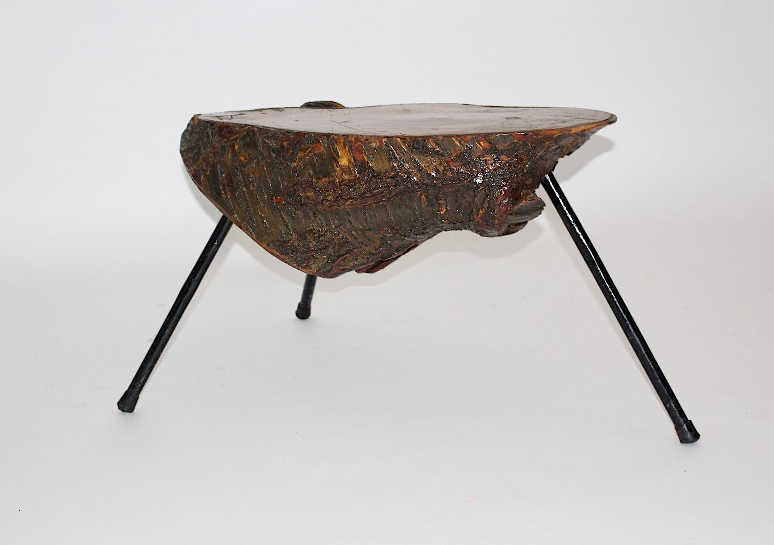 20th Century Mid Century Modern Vintage Tree Trunk Coffee Table with Metal Feet Austria 1950s For Sale