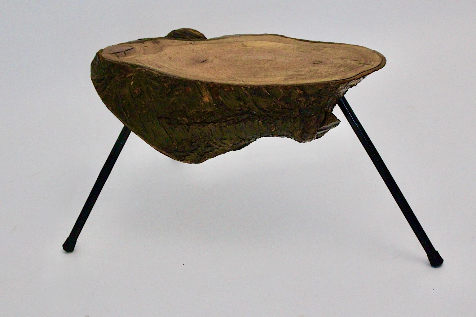 Mid Century Modern Vintage Tree Trunk Coffee Table with Metal Feet Austria 1950s For Sale 1