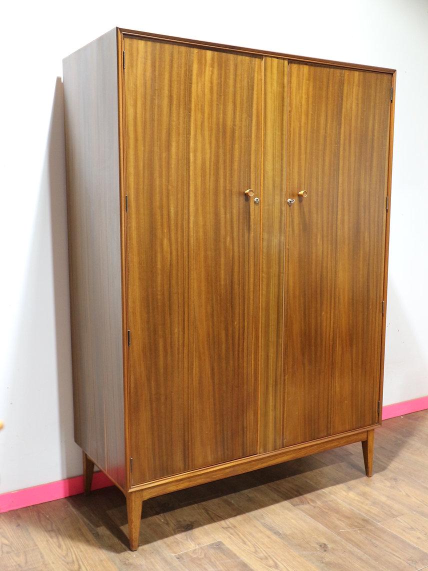British Mid Century Modern Vintage Triple Walnut Armoire Wardrobe by Alfred Cox