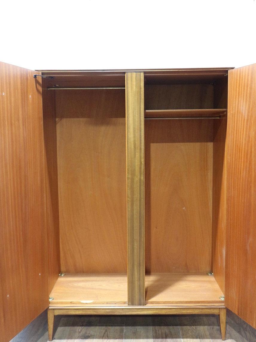 Mid Century Modern Vintage Triple Walnut Armoire Wardrobe by Alfred Cox In Good Condition In Los Angeles, CA