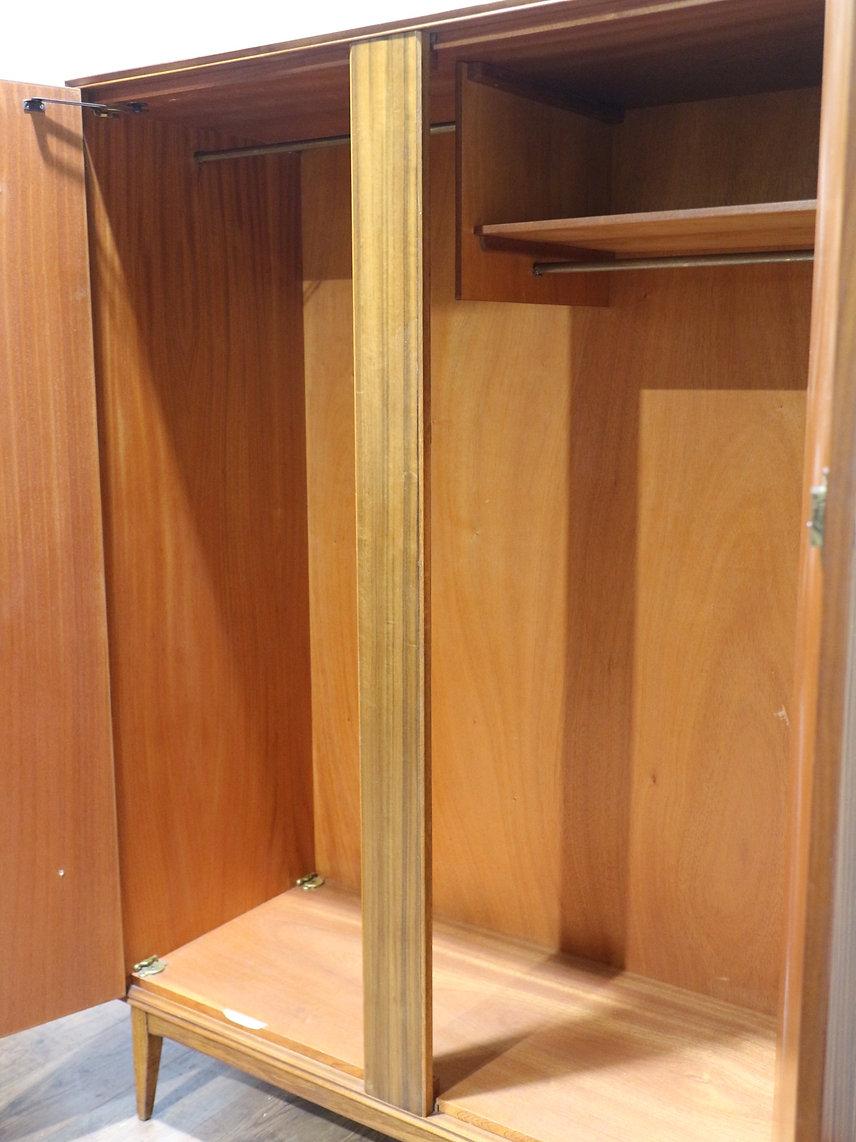 Teak Mid Century Modern Vintage Triple Walnut Armoire Wardrobe by Alfred Cox