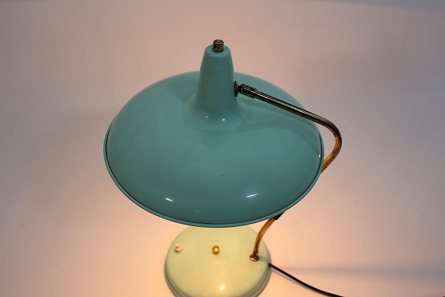 Mid-Century Modern Vintage Turquoise Metal Brass Table Lamp Stilnovo 1950s Italy For Sale 8